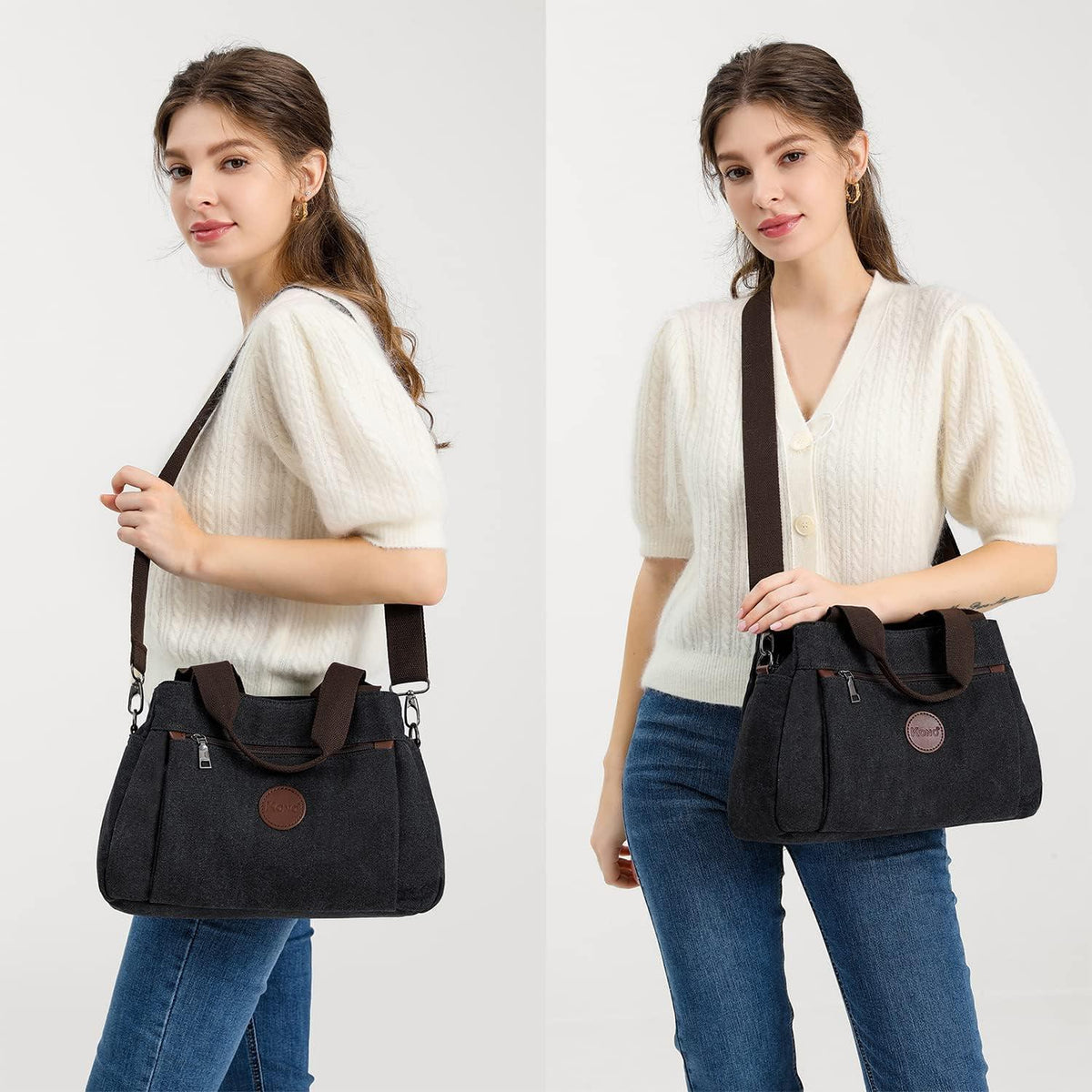 Canvas Handtasche Damen Schultertasche Schwarz mit vielen Taschen