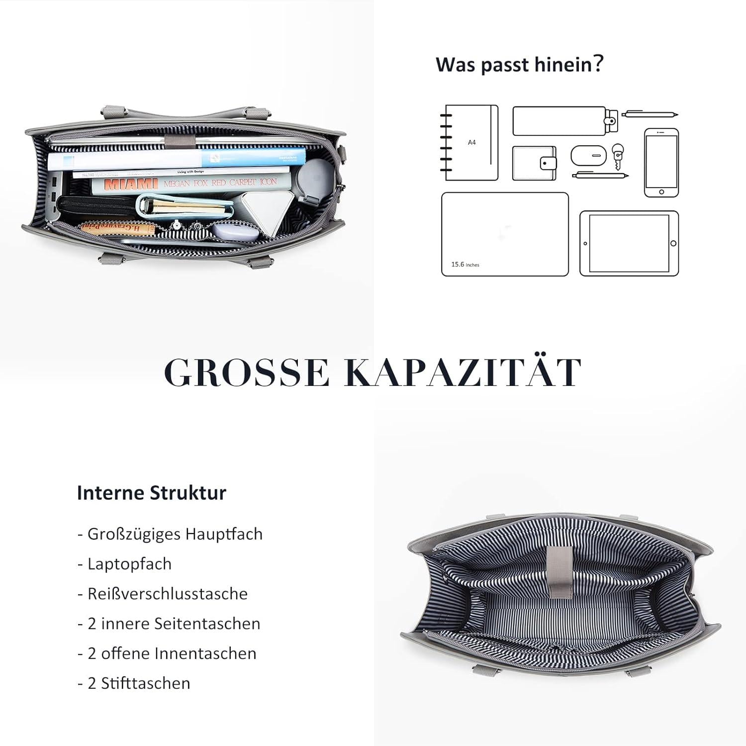 Handtasche Laptoptasche 15,6 Zoll Damen Schultertasche Grau