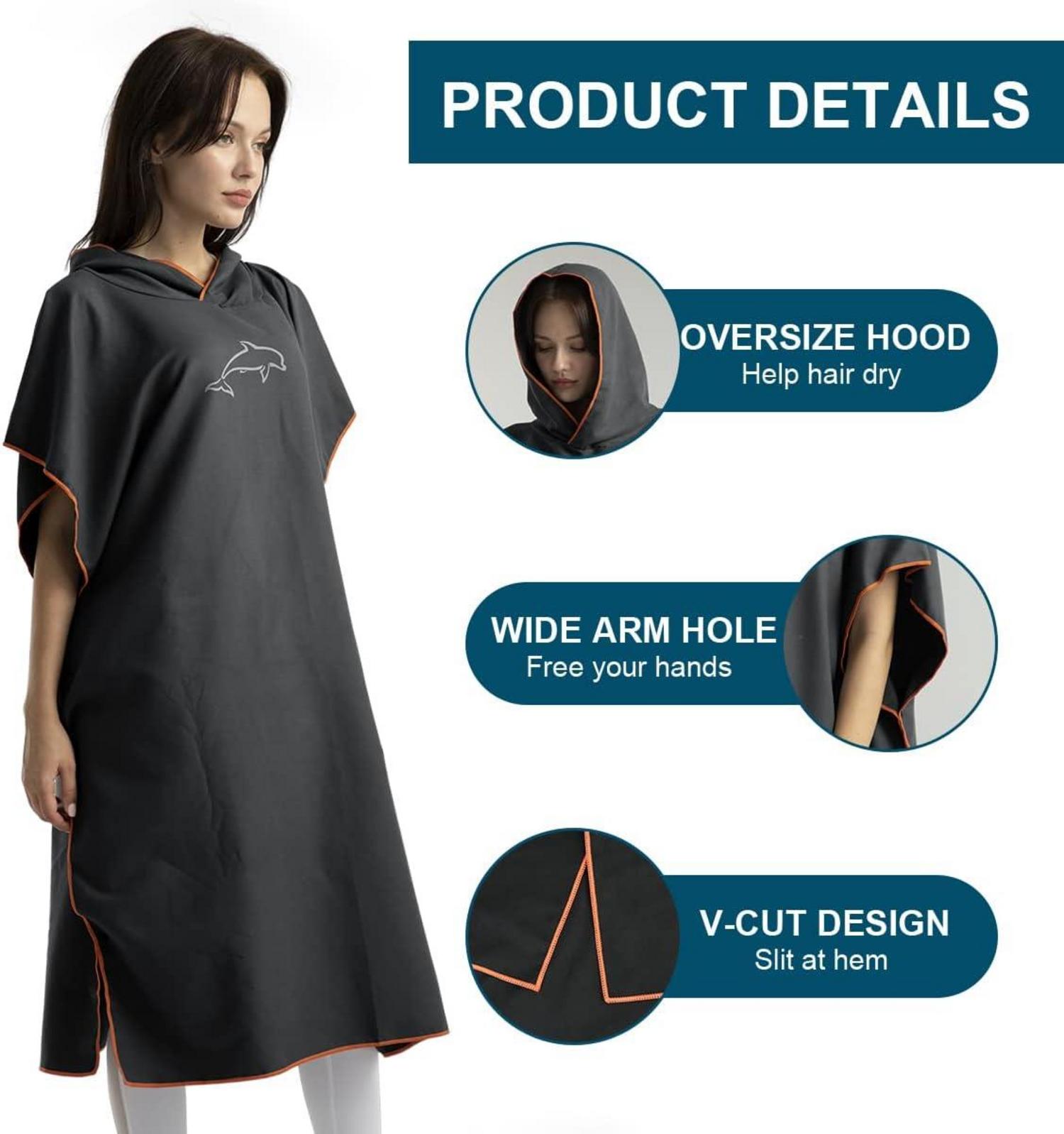 Mikrofaser Surf Poncho 110x80cm Quick Dry Kapuze Handtuch Strand Sauna - Schwarz