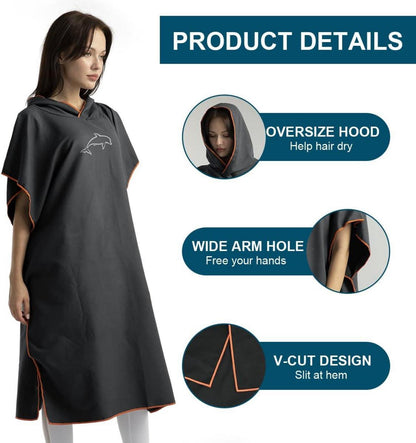 Mikrofaser Surf Poncho 110x80cm Quick Dry Kapuze Handtuch Strand Sauna - Schwarz