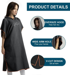 Mikrofaser Surf Poncho 110x80cm Quick Dry Kapuze Handtuch Strand Sauna - Schwarz