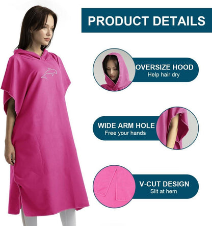 Mikrofaser Surf Poncho Handtuch 110x80cm Kapuze Herren Damen Strand Rosa
