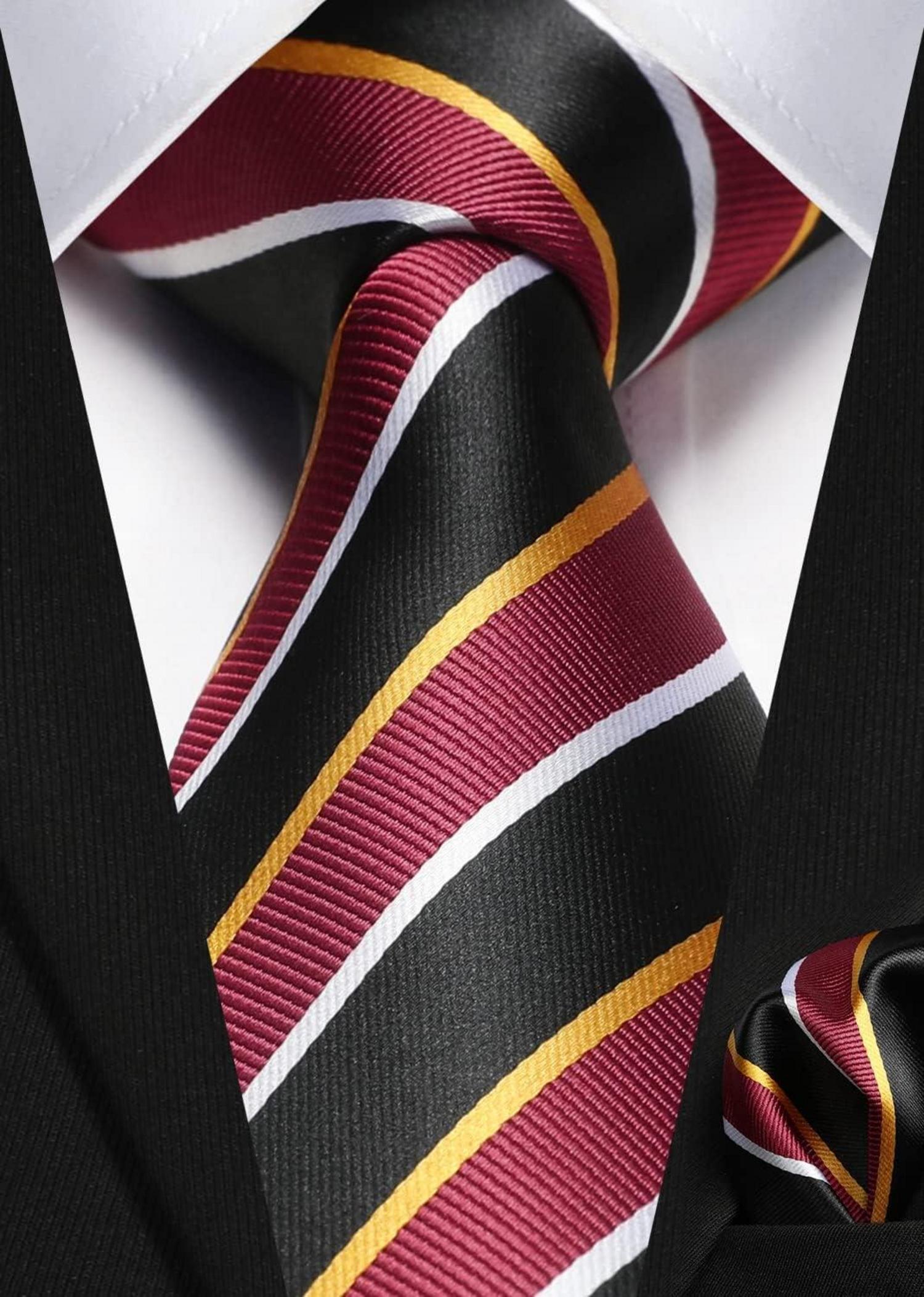 Herren Krawatte + Einstecktuch Set Gestreift Hochzeit A-Rot Schwarz