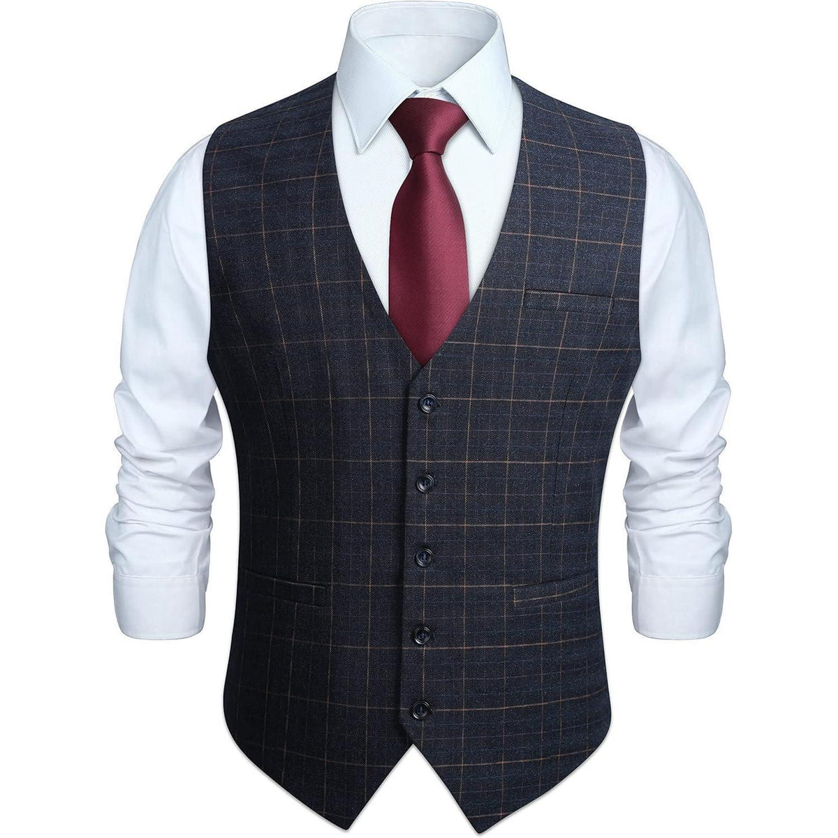 Herren Anzugweste Karo Tweed V-Ausschnitt Verstellbar Marineblau XL