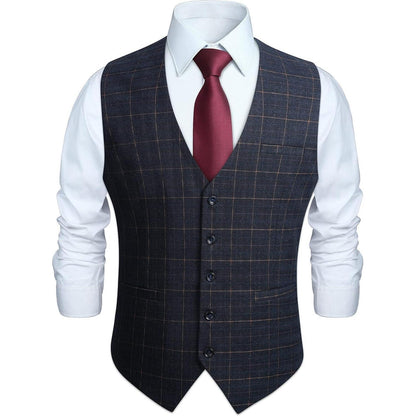 Herren Anzugweste Karo Tweed V-Ausschnitt Verstellbar Marineblau XL