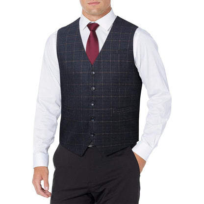 Herren Anzugweste Karo Tweed V-Ausschnitt Verstellbar Marineblau XL