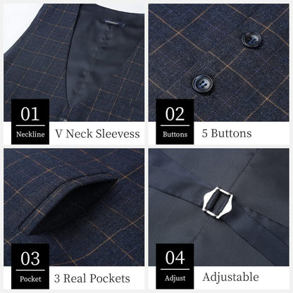 Herren Anzugweste Karo Tweed V-Ausschnitt Verstellbar Marineblau XL
