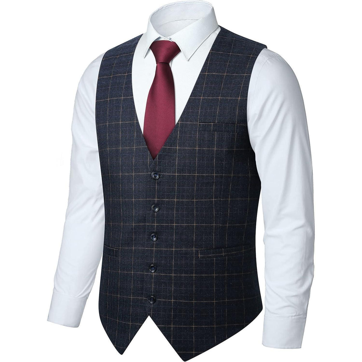 Herren Anzugweste Karo Tweed V-Ausschnitt Verstellbar Marineblau XL