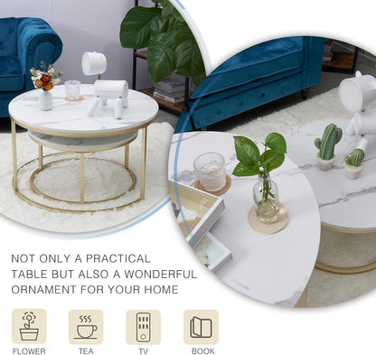 Couchtisch 2er Set Rund Marmoroptik Gold Metallgestell Beistelltisch