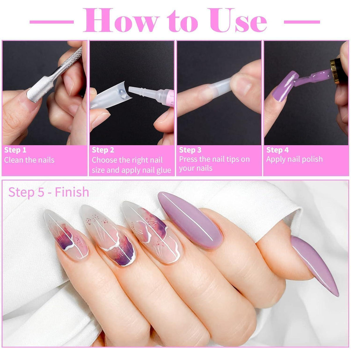 500er Set French Acryl Nägel – Falsche Nägel mit Kleber