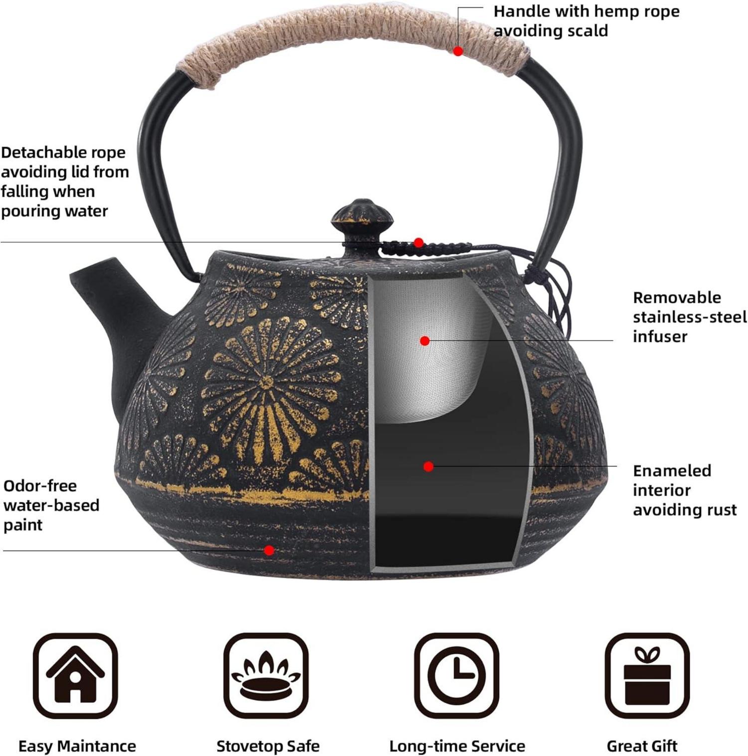 Gusseisen-Teekanne mit Infuser, 1200ml, Sakura-Design, emailliert, 40oz Schwarz
