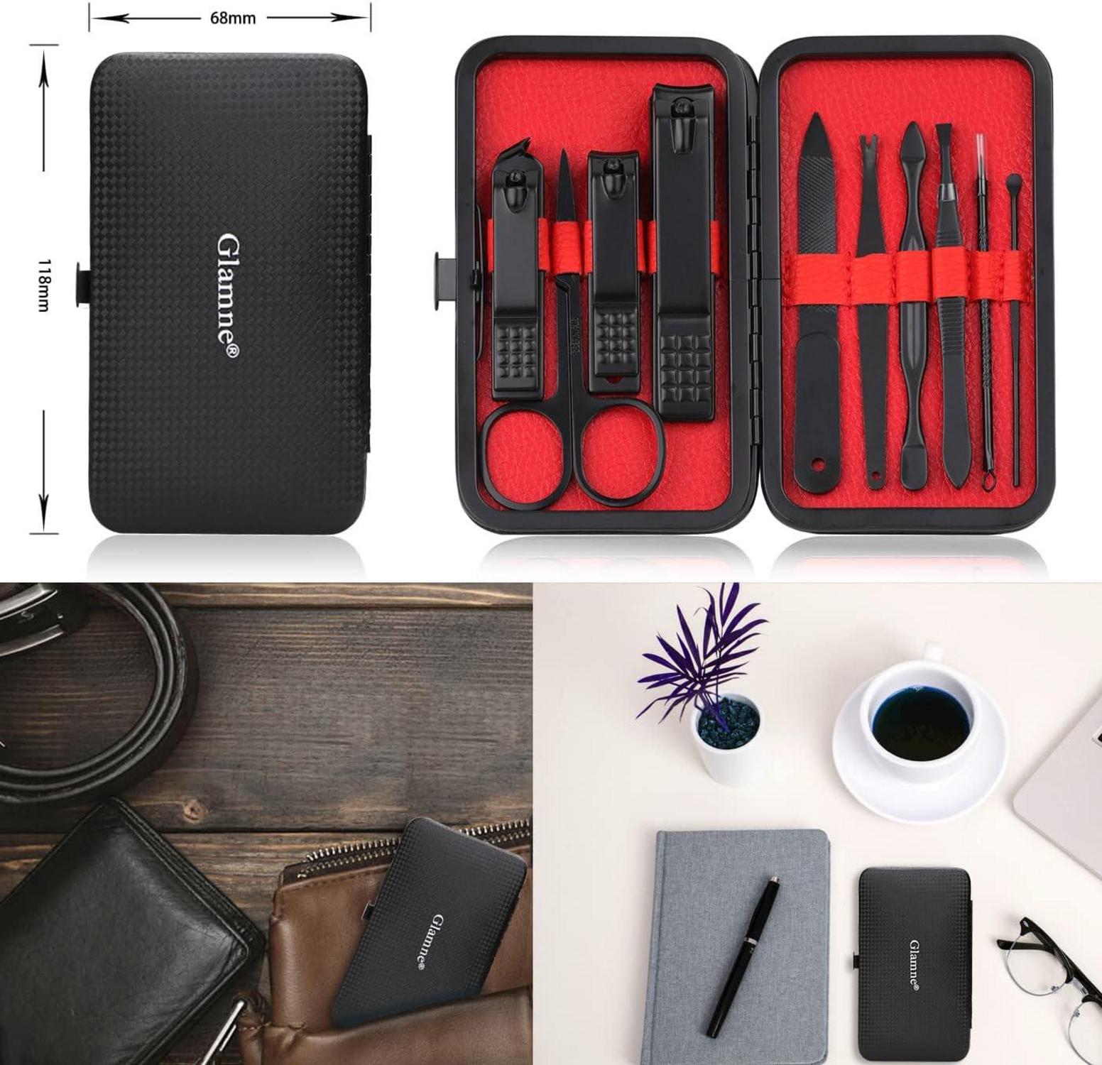 Professionelles Maniküre- und Pediküre-Set Schwarz Ledertasche 10 in 1