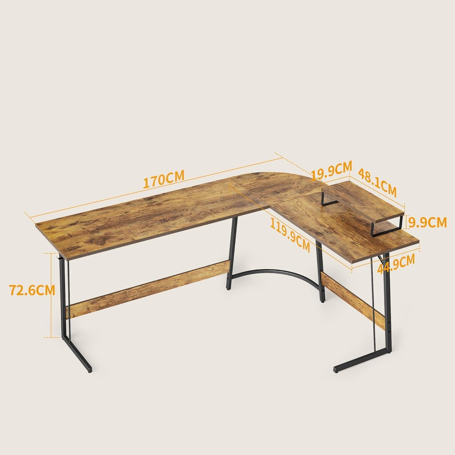 Gaming Eckschreibtisch 170 x 120 cm L-Form Monitorständer Vintagebraun