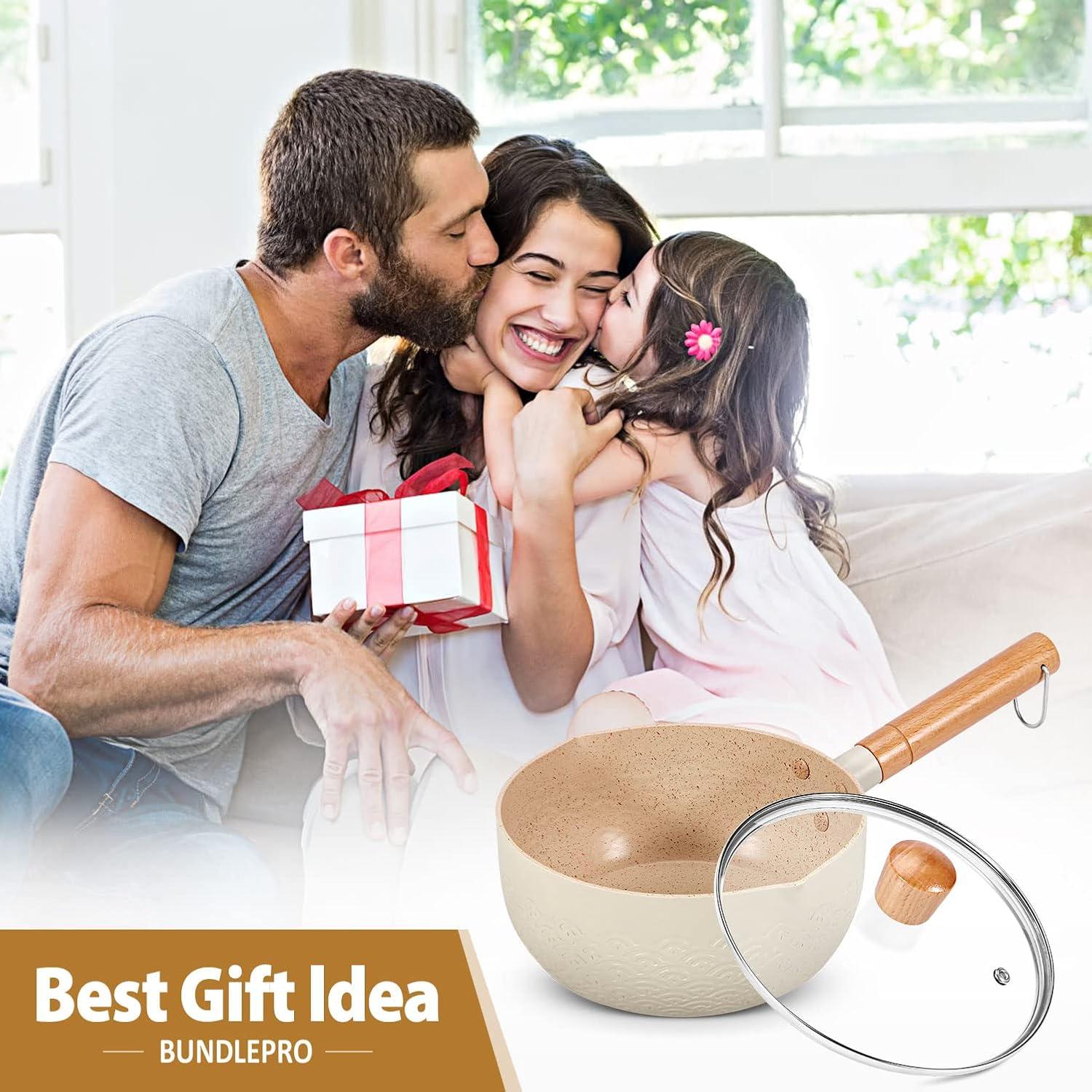 Bundlepro 2,1 Quart Aluminium Saucentopf Set mit Deckel & Silikonspateln - BEIGE