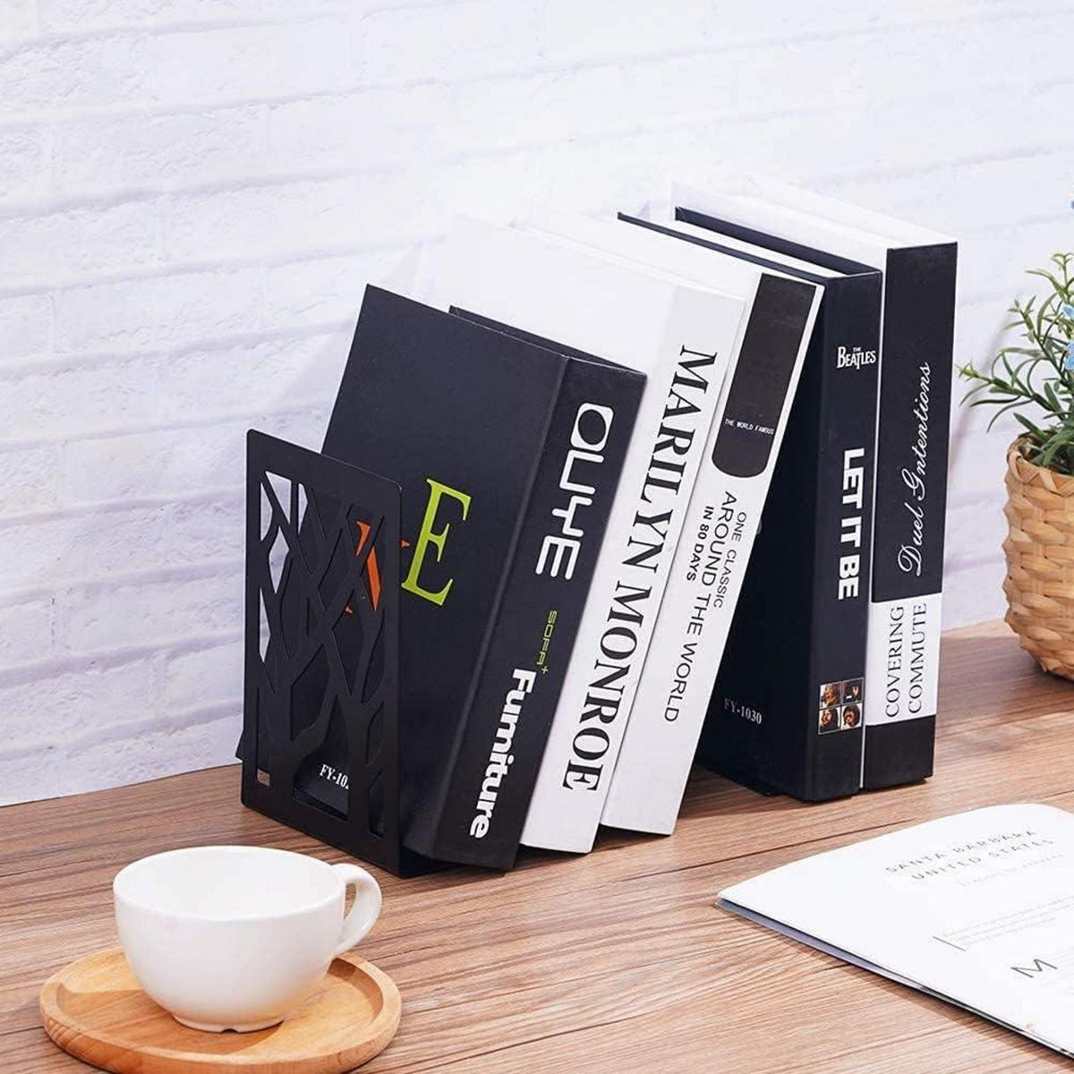 3 Paar Metall-Buchstützen, Baum & Blatt Design, Schwarz
