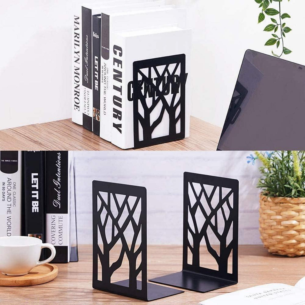 3 Paar Metall-Buchstützen, Baum & Blatt Design, Schwarz