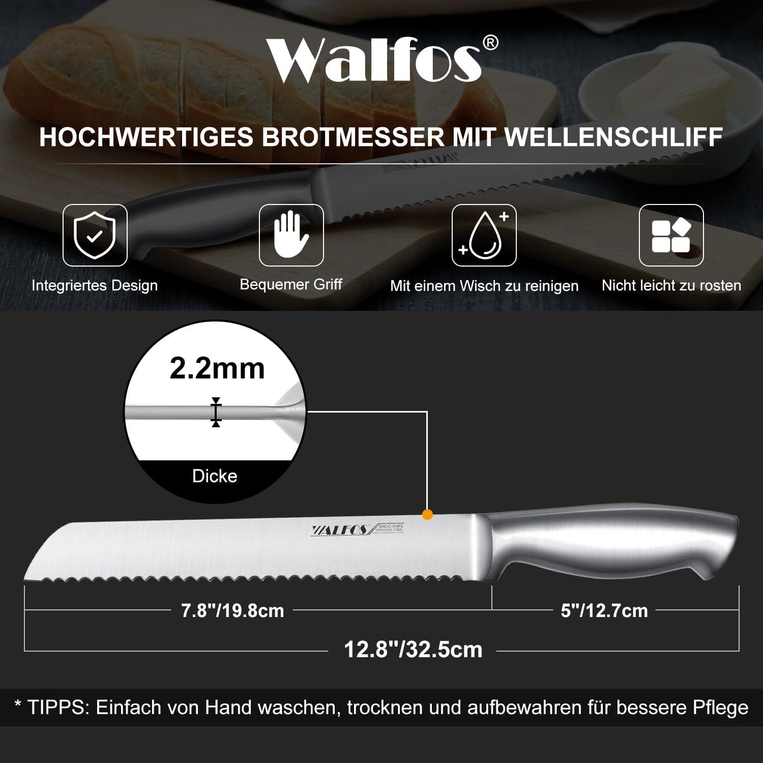 Walfos Brotmesser Edelstahl Wellenschliff 8-Zoll-Klinge Ergonomischer Griff