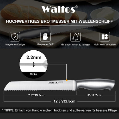 Walfos Brotmesser Edelstahl Wellenschliff 8-Zoll-Klinge Ergonomischer Griff