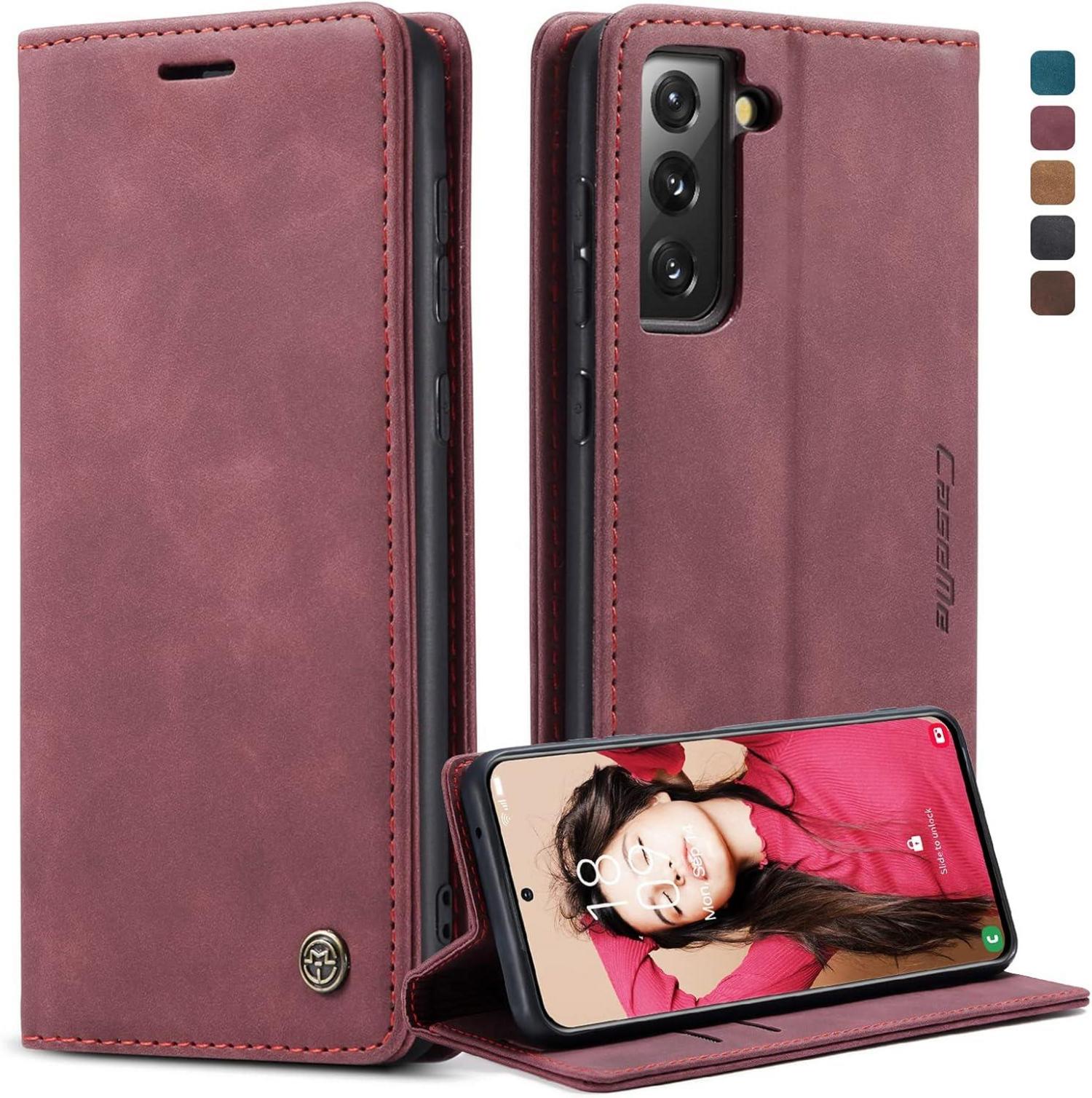 CaseMe Samsung Galaxy S21 FE 5G Leder Flip Case Weinrot