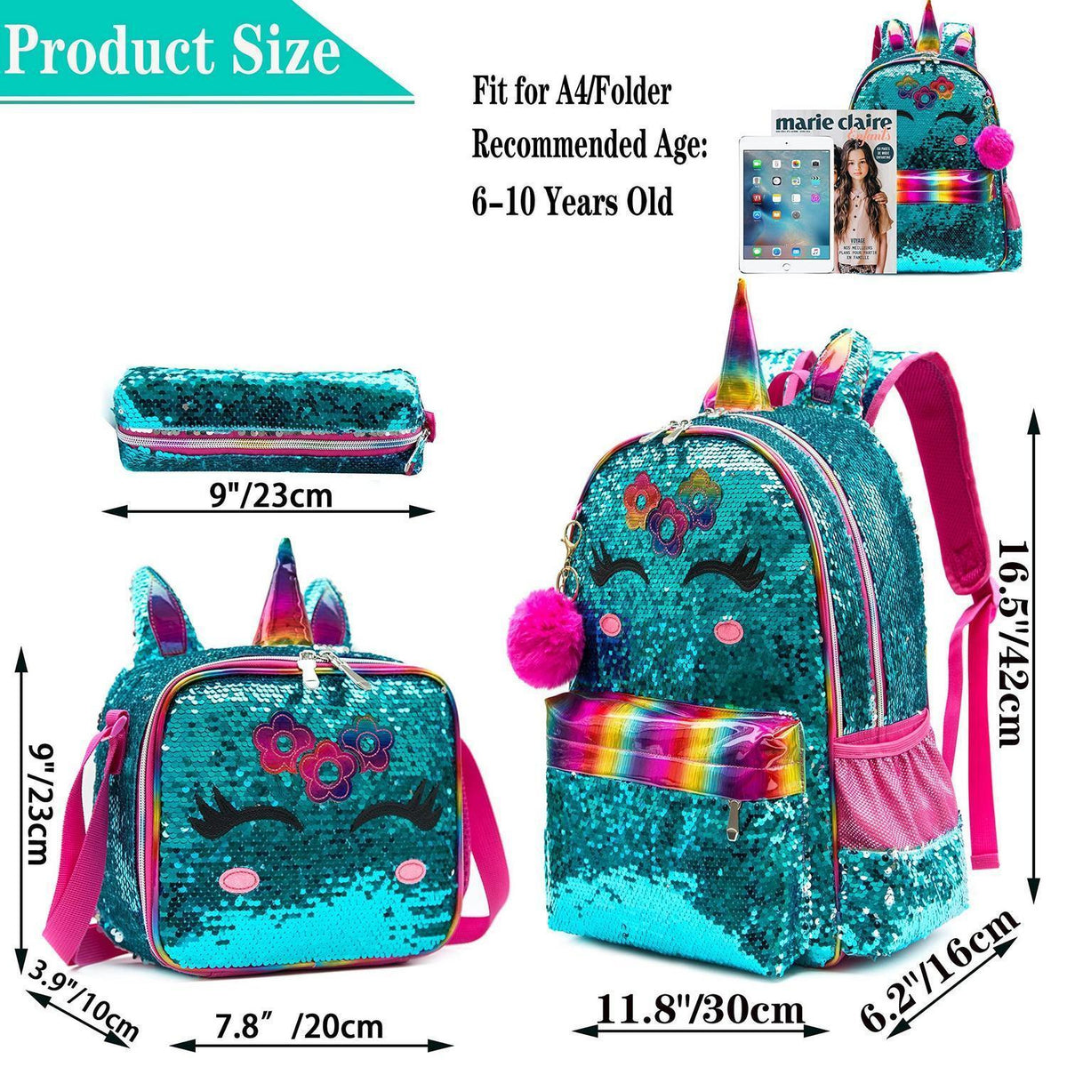 Mädchen Rolling Rucksack mit Einhorn & Rädern – 6-8 Jahre