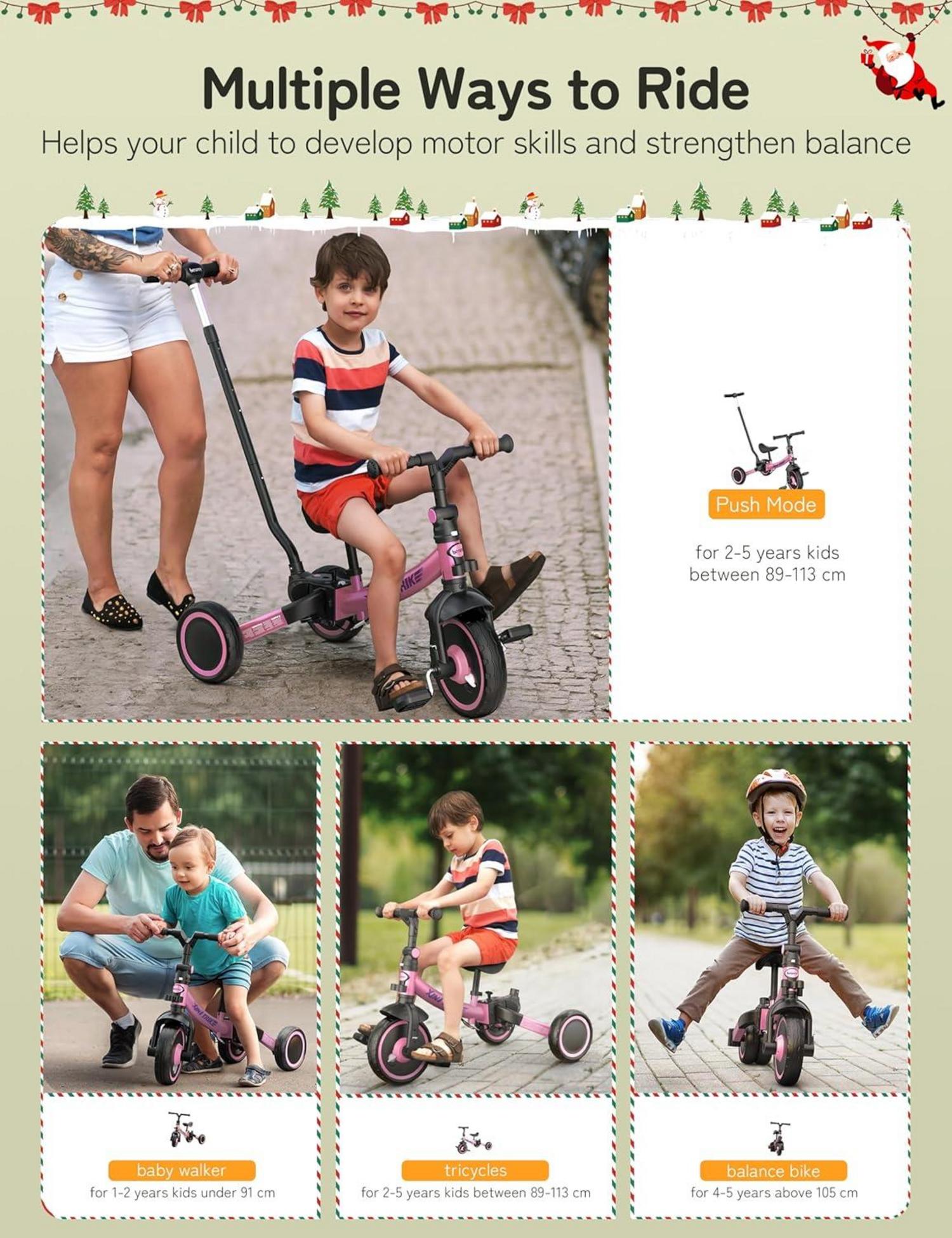 besrey Dreirad 7-in-1 für Kleinkinder 1-5 Jahre faltbar mit Sicherheitsmerkmalen und höhenverstellbarem Sitz, Rosa