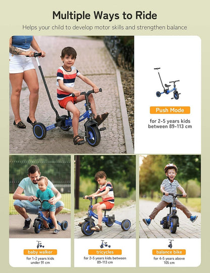 besrey 7-in-1 Kleinkind-Dreirad faltbar mit Lenkschiebegriff und größeren Rädern Blau