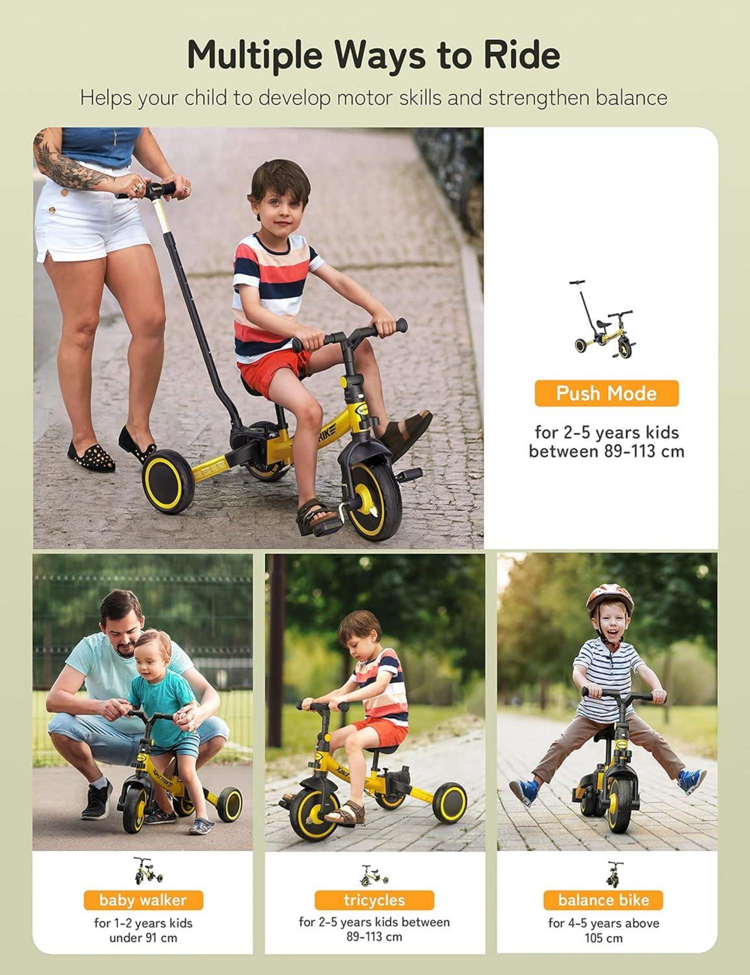 Besrey 7 in 1 Dreirad für 1-5 Jahre, faltbares Laufrad, Radkupplung, höhenverstellbarer Sitz, größere Räder, Gelb