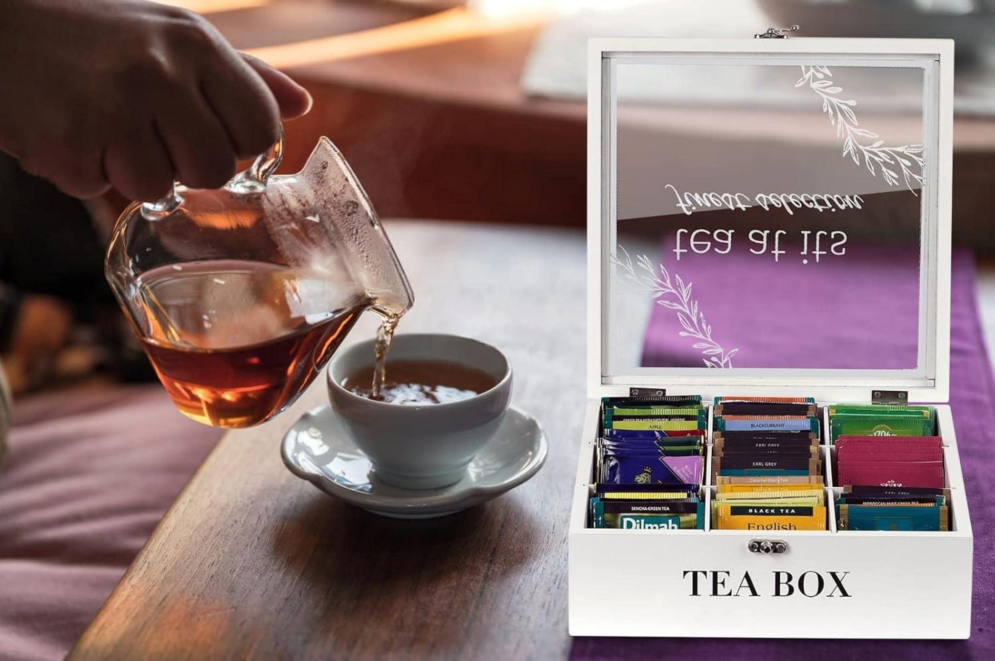 Teebox Holz Weiß Tee Aufbewahrungsbox 9 Fächer Teebeutelbox Glas
