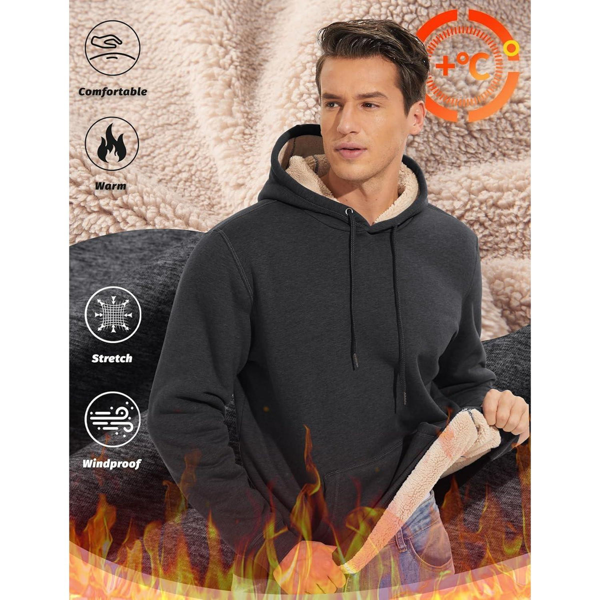 Herren Sherpa Hoodie mit Kängurutasche, warm gefüttert, Dunkelgrau XXL