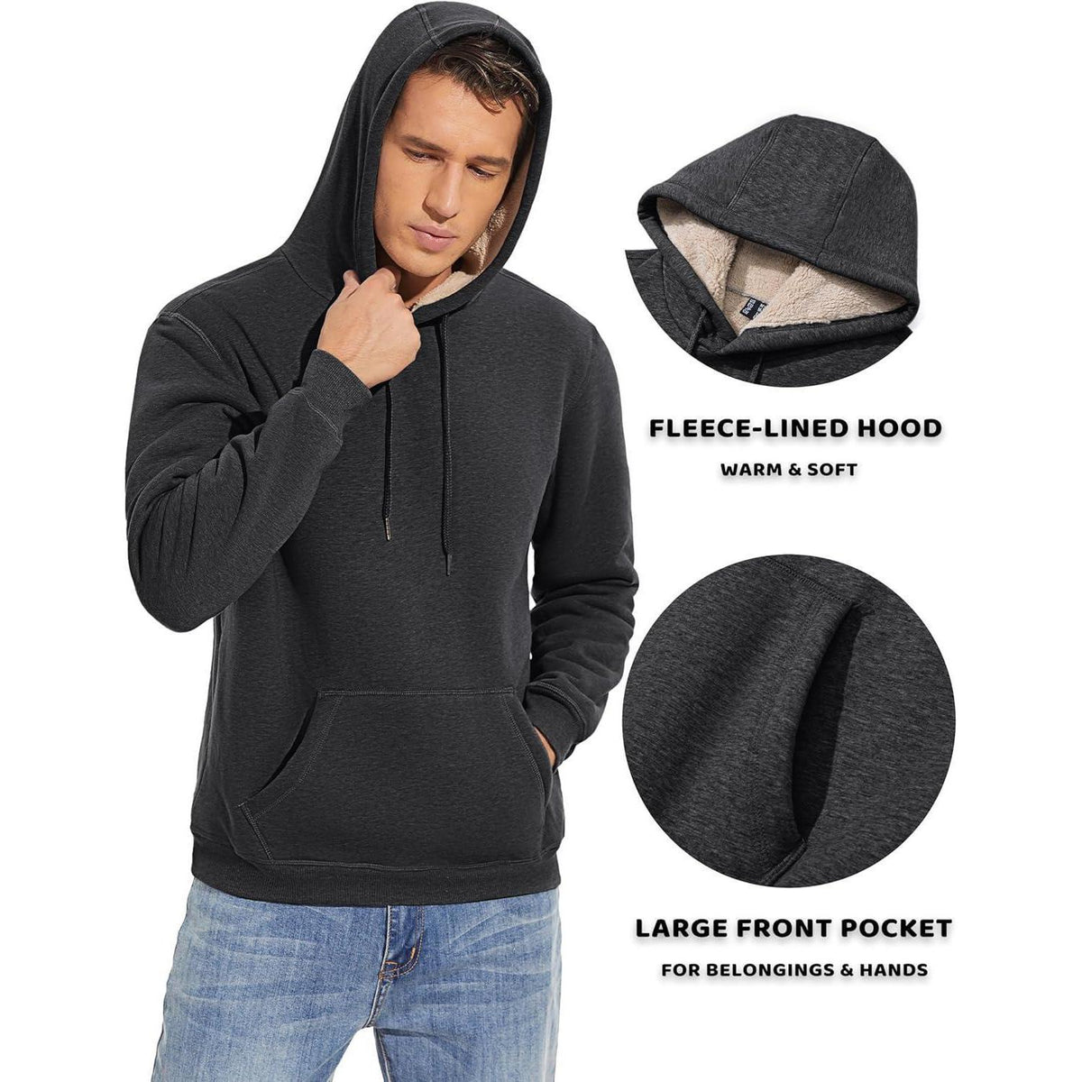 Herren Sherpa Hoodie mit Kängurutasche, warm gefüttert, Dunkelgrau XXL