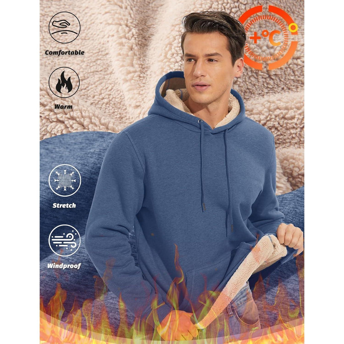 Herren Sherpa Hoodie mit Kängurutasche, winddicht, warm, XXL Blaugrau