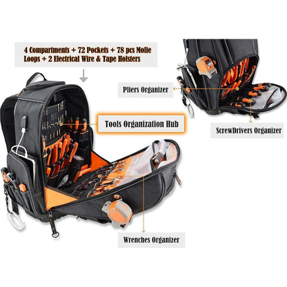 Werkzeugrucksack mit Rollen, 72 Taschen, Schwarz/Orange, L