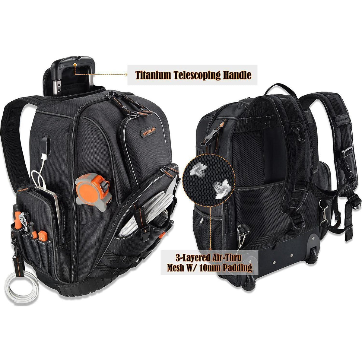 Werkzeugrucksack mit Rollen, 72 Taschen, Schwarz/Orange, L