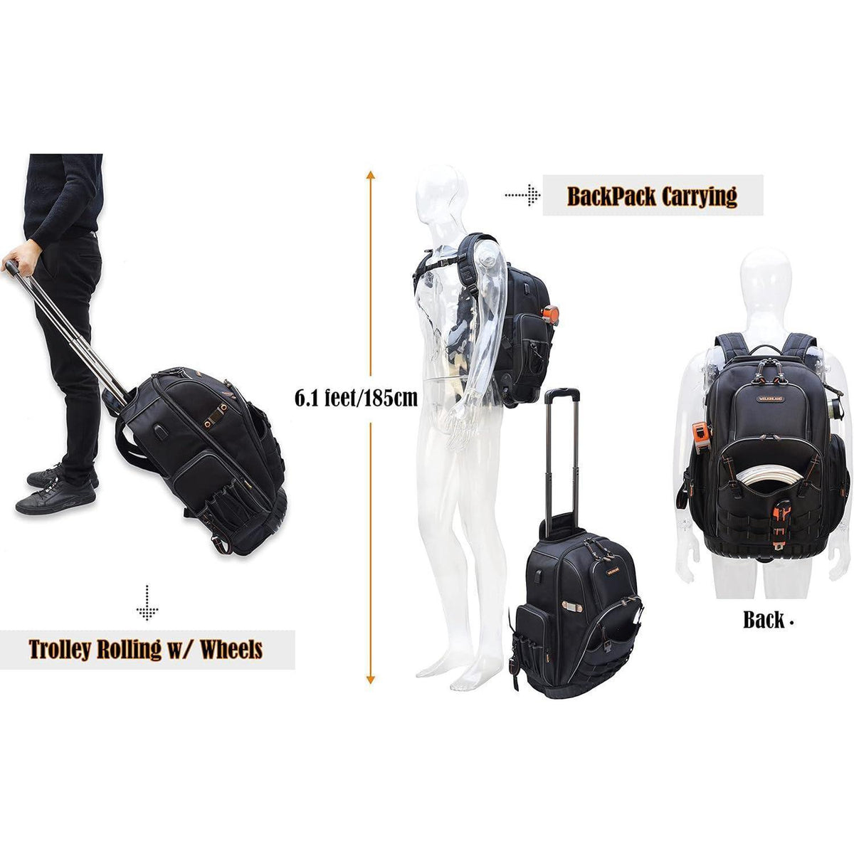 Werkzeugrucksack mit Rollen, 72 Taschen, Schwarz/Orange, L