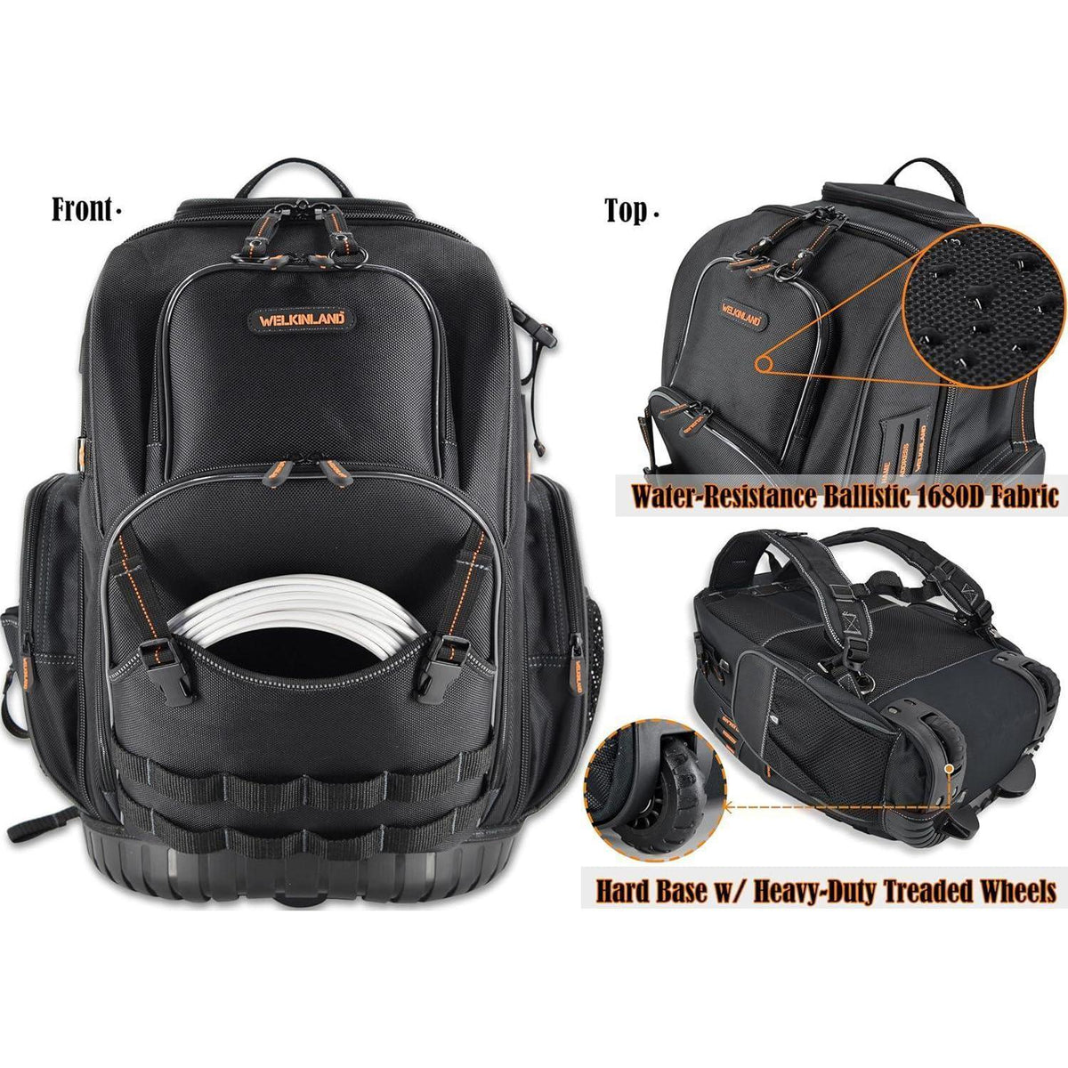 Werkzeugrucksack mit Rollen, 72 Taschen, Schwarz/Orange, L