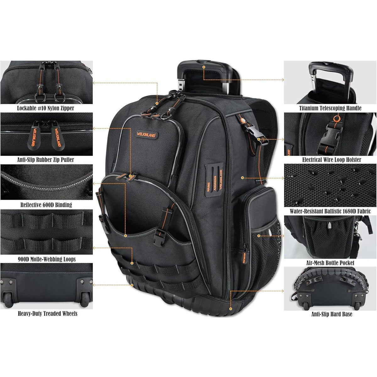 Werkzeugrucksack mit Rollen, 72 Taschen, Schwarz/Orange, L
