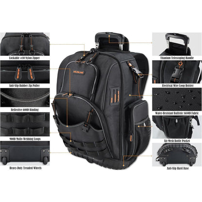 Werkzeugrucksack mit Rollen, 72 Taschen, Schwarz/Orange, L