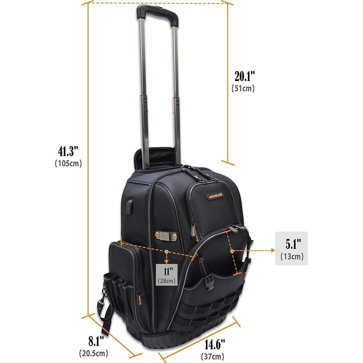 Werkzeugrucksack mit Rollen, 72 Taschen, Schwarz/Orange, L