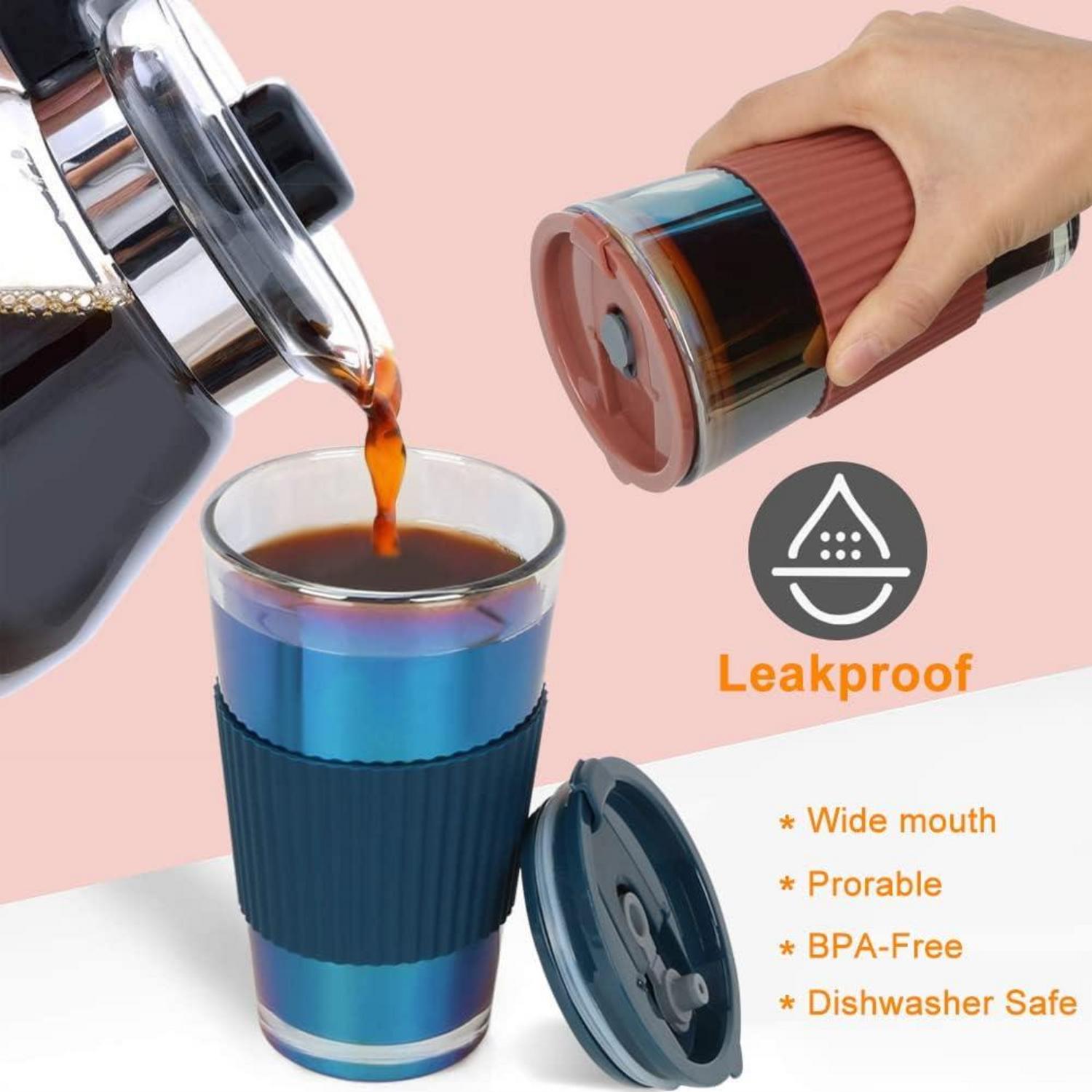 Glasbecher 450ml 2er Set, Trinkbecher to go mit Spritzfestem deckel und strohhalm