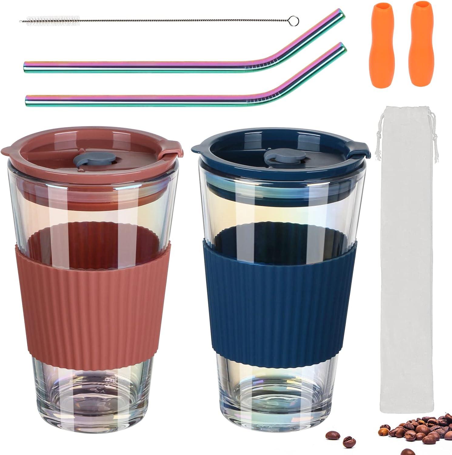 Glasbecher 450ml 2er Set, Trinkbecher to go mit Spritzfestem deckel und strohhalm