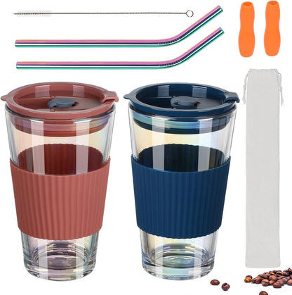 Glasbecher 450ml 2er Set, Trinkbecher to go mit Spritzfestem deckel und strohhalm