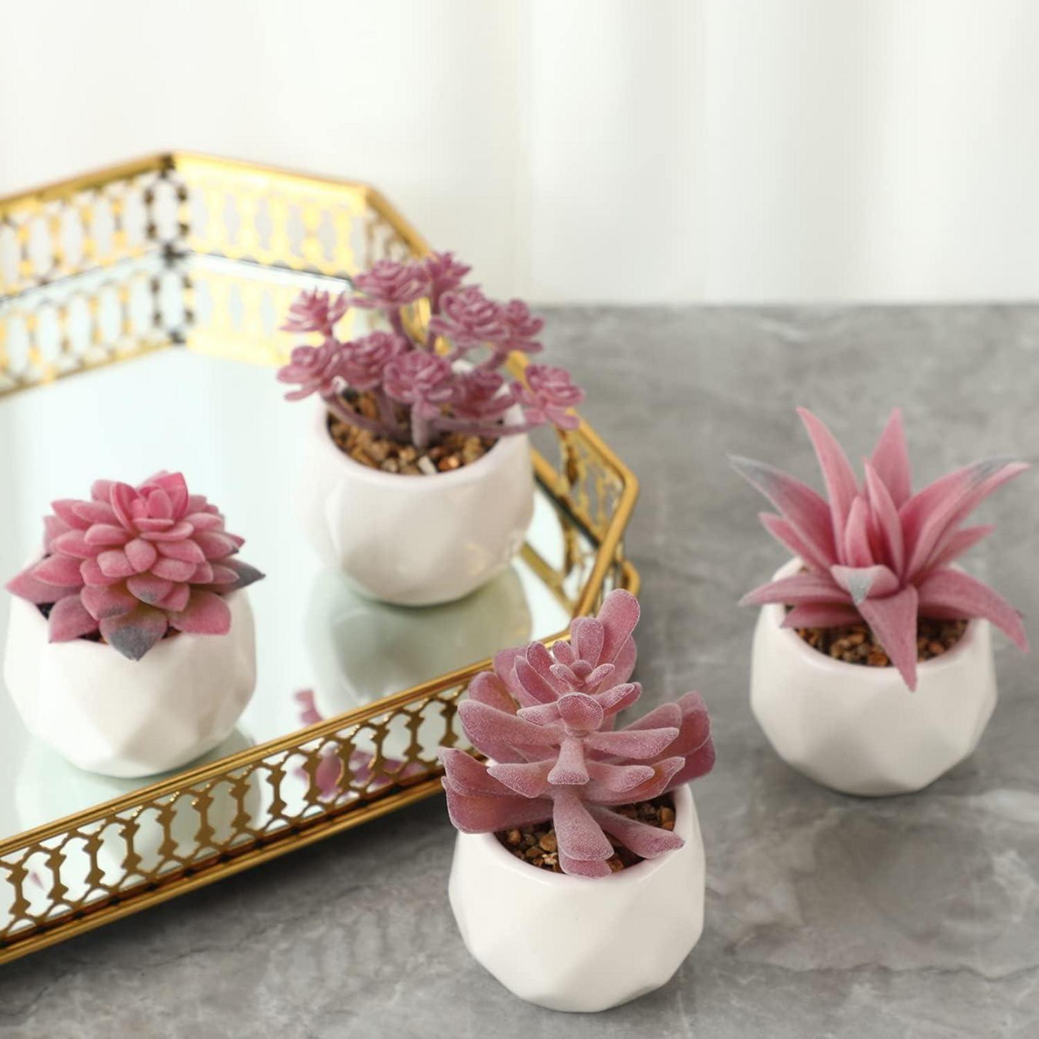 Künstliche Sukkulenten Pflanzen mit Topf, 4er Set, Rosa