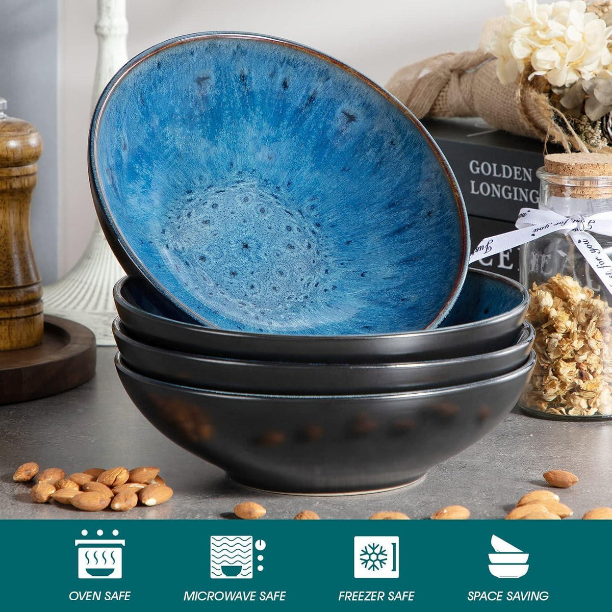 8-teiliges Suppenteller Set Steinzeug 950ml Blau