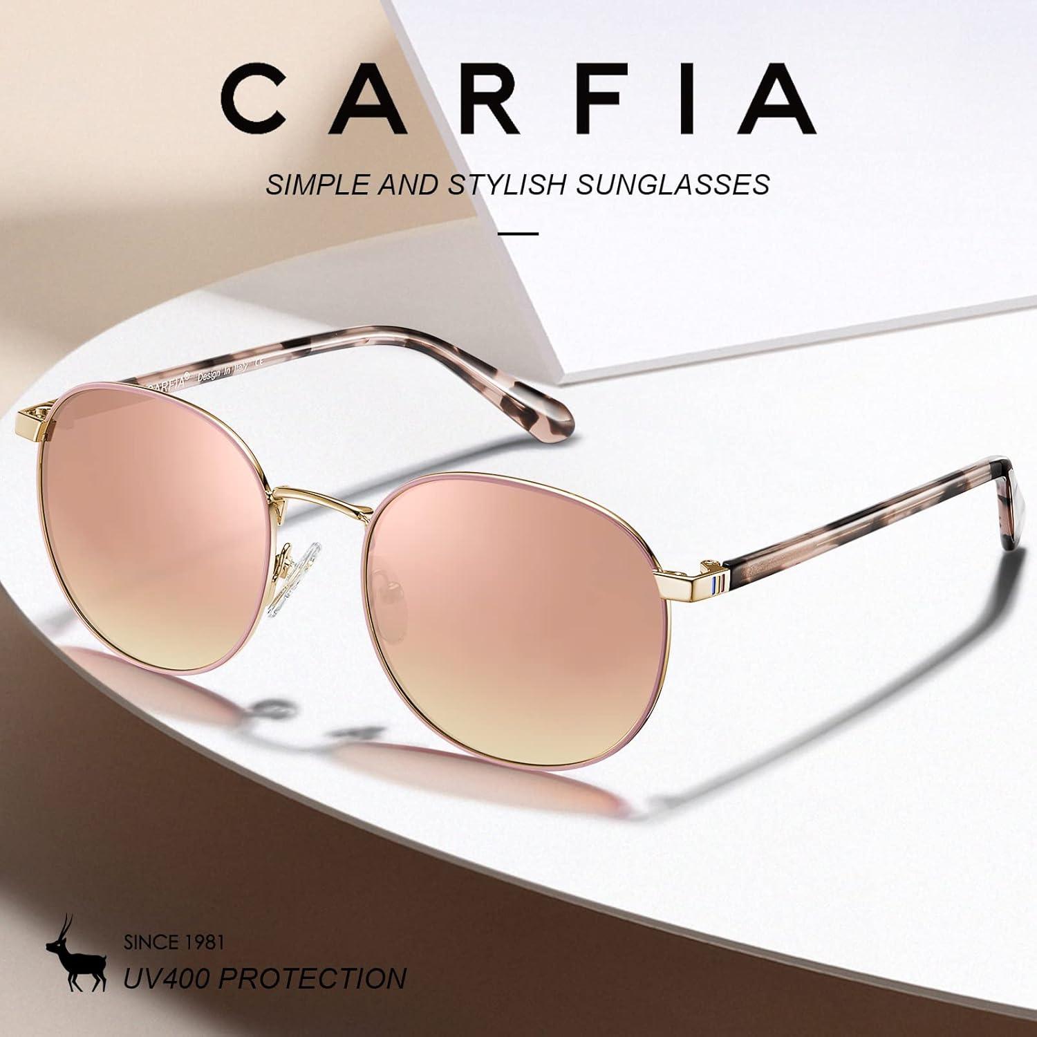 CARFIA Polarisierte Runde Damen Sonnenbrille mit Ledertasche