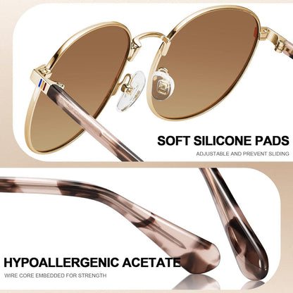 Polarisierte Runde Damen Sonnenbrille Metall Rahmen inkl. Ledertasche