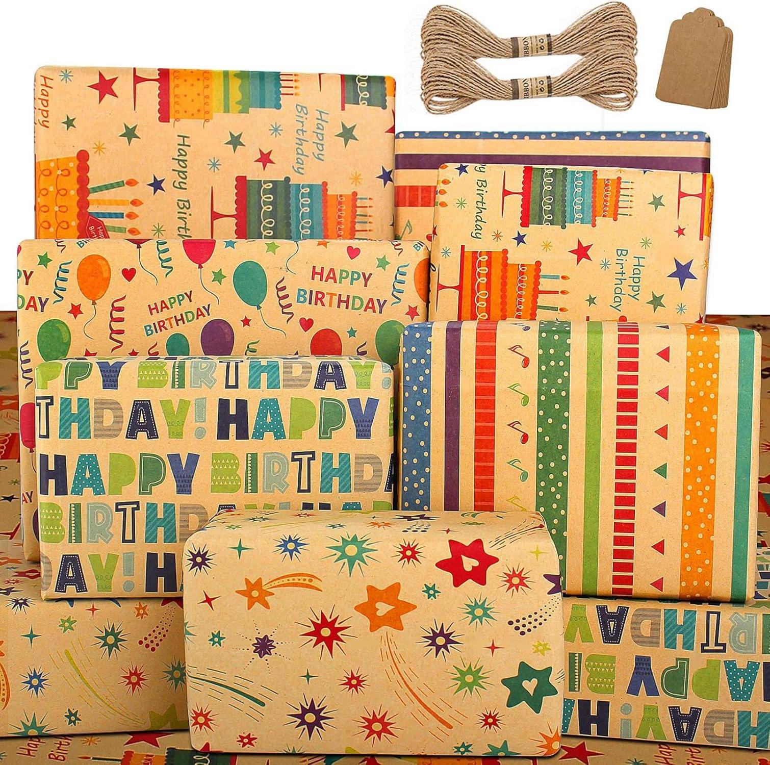 Nachhaltiges Geschenkpapier Geburtstag Kraftpapier mit buntem Muster