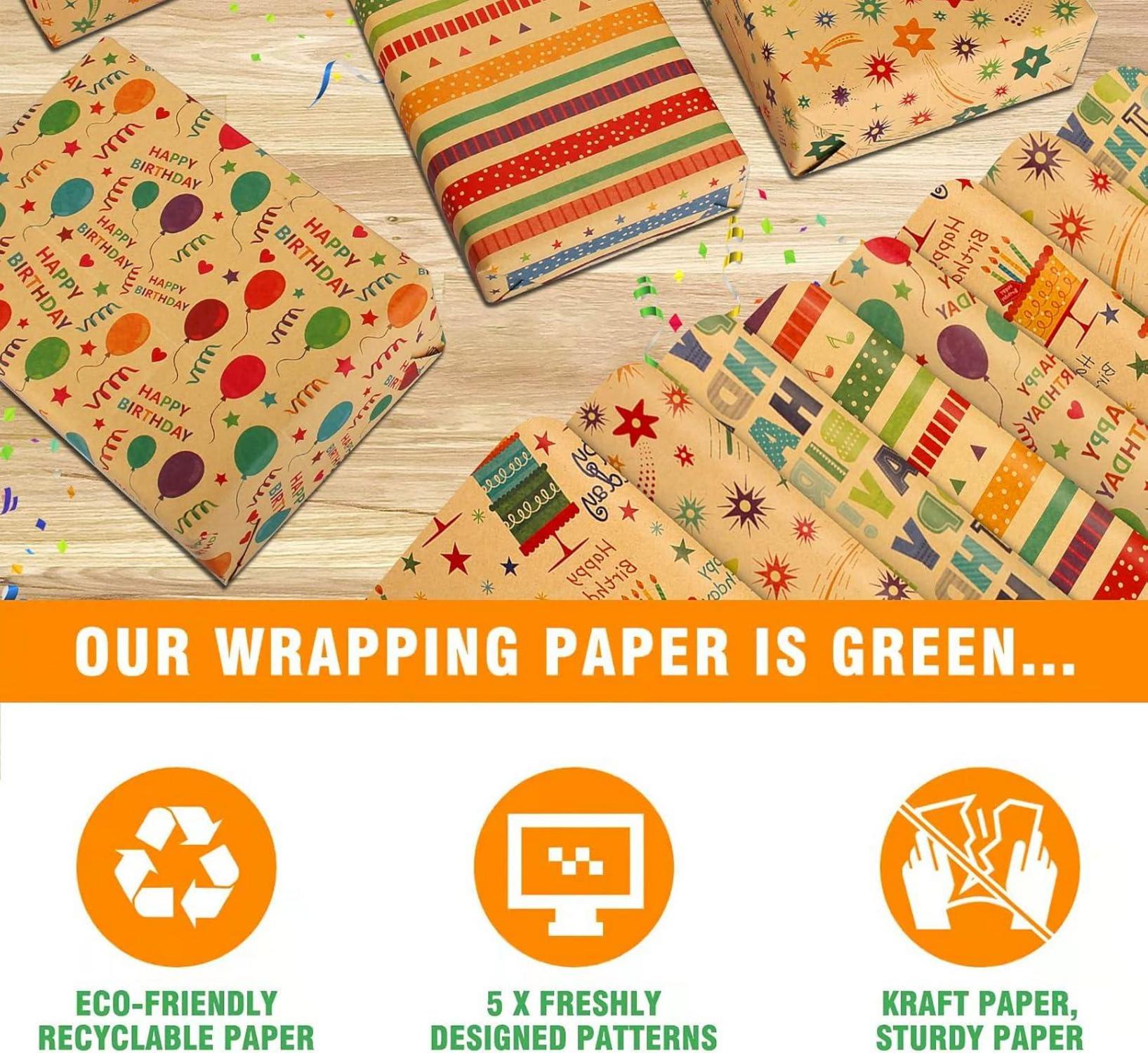 Braunes Kraft Geschenkpapier Geburtstag Set, Natur Muster, 5 Blätter