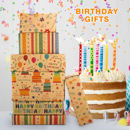 Geschenkpapier Geburtstag Set Öko Kraft Braun Bunt Muster 5 Blätter