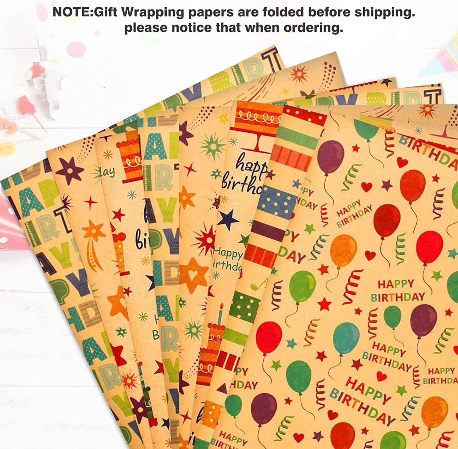 Geschenkpapier Geburtstag Set Öko Kraft Braun Bunt Muster 5 Blätter