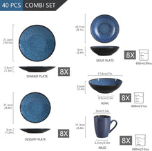 Steinzeug Kombiservice Set 40-teilig BUBBLE Vintage Blau